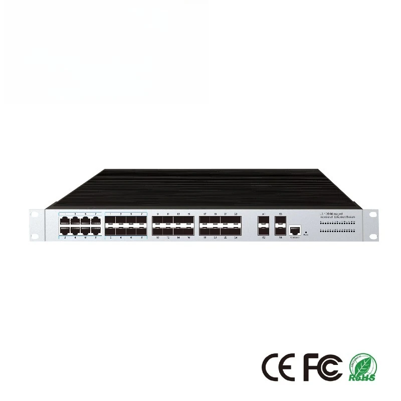 24 SFP Ports Industrial Managed Ethernet Switch, 8 Combo Ports, 4 10G SFP Uplink Ports ERPS Ring, Dynamic Routing and VLAN