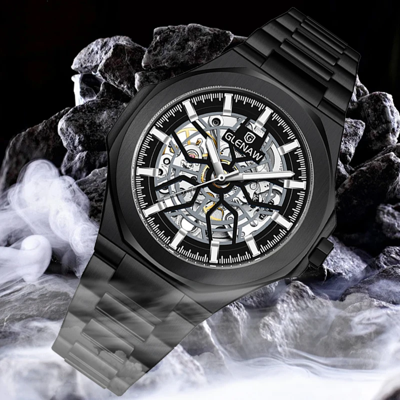 GLENAW High-end Atmospheric Hollow Design Fully Automatic Mechanical Watch Men's Business Fashion 3ATM Waterproof Luminous Watch