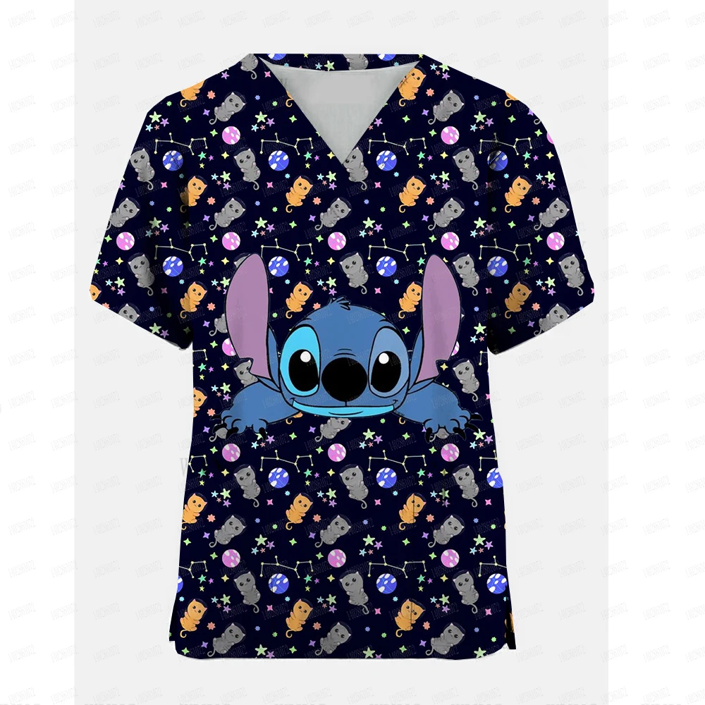 Nurse Uniform Women Disney Stitch Print  Short Sleeve V-neck Tops Lovely Working Uniform Blouse Nursing Accessories Carer Blouse