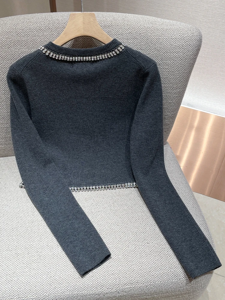 Korean Fashion Elegant Grey Sweater Jacket Diamond Round Collar Long Sleeve Single-breasted Short Knitted Cardigan Women Autumn