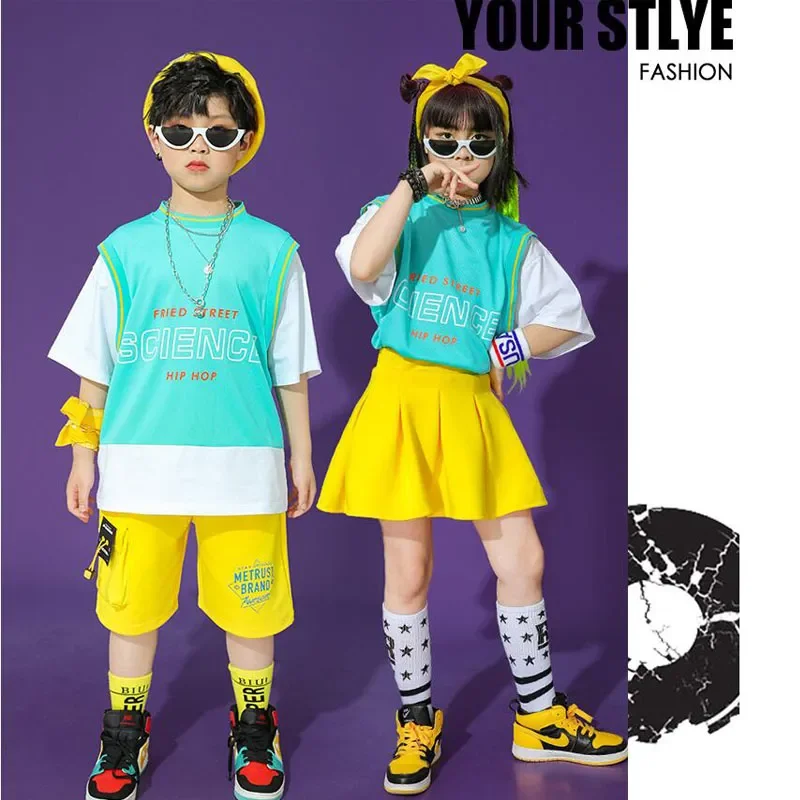 Skirt For Singers Girls Boys Jazz Dance Wear Costumes Outfits Kids Concert Hip Hop dancing Outfits Tshirt Street wear Shorts