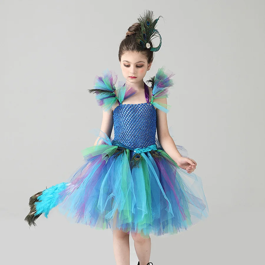 Peacock Enfant Kleid, Pfauenfeder-Cosplay, Karnevalskostüme für Kinder, Halloween, Karneval, Purim, Pfauen-Prinzessinnen-Set – Detail 4
