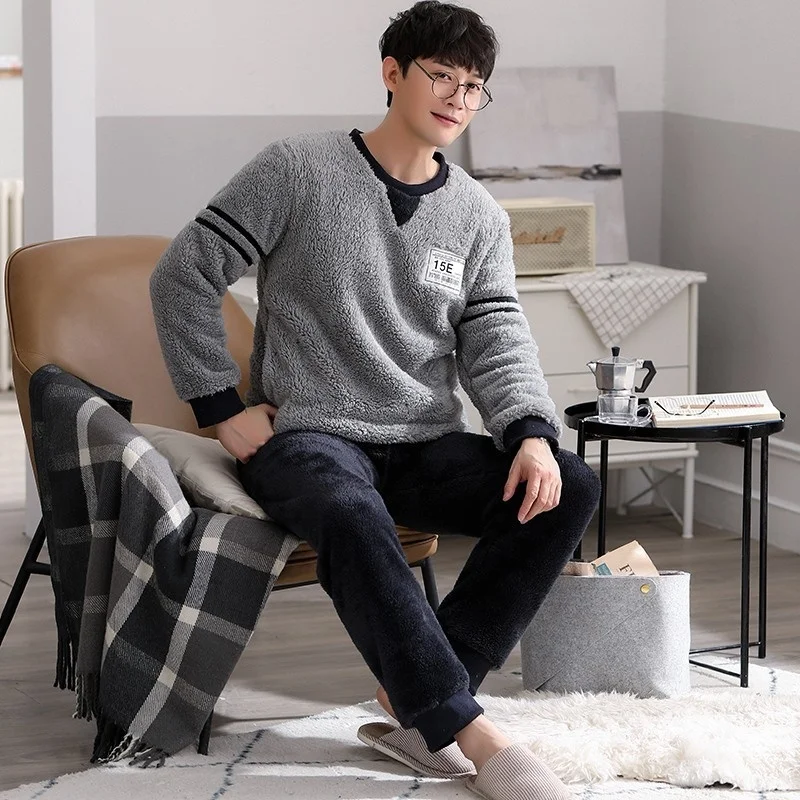 New Coral Velvet Pajamas Men\'s Winter Long Sleeve  Flannel Thickened Simple Leisure Warm Home Clothes