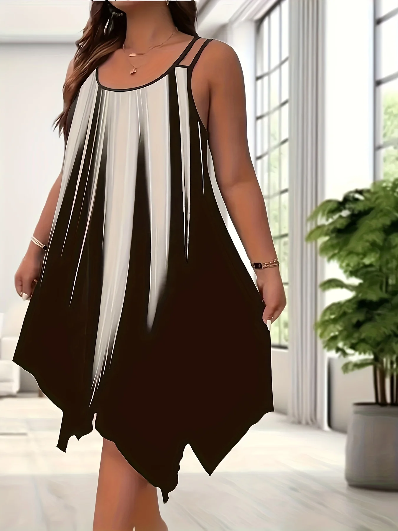 Plus Size Elegant Gradient Print Dress - Sleeveless, Double Spaghetti Straps, Round Neck, Elastic Polyester Blend, Machine Washable, Spaghetti Strap Slip Dress, Plus Size Clothing