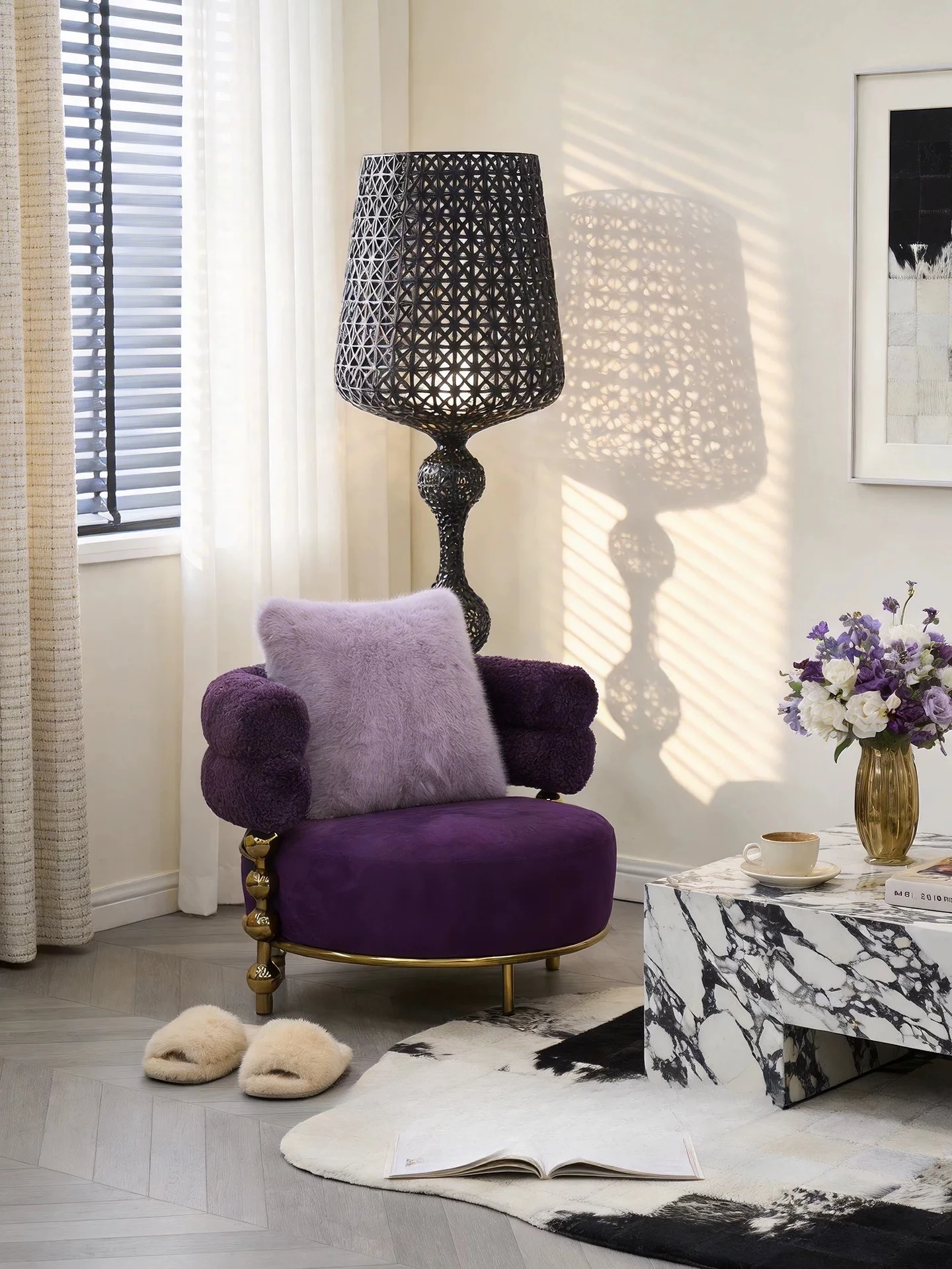 Light luxury leisure chair, purple fabric single sofa for living room, single chair