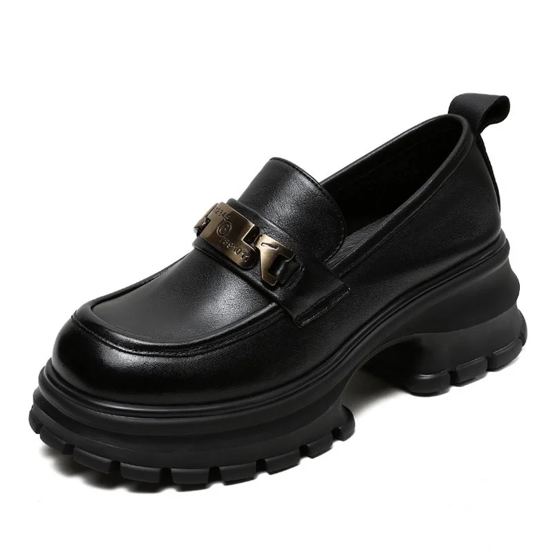 DRKANOL Women Genuine Leather Loafers 2026 Spring Autumn Thick High Heel Chunky Platform Handmade Retro Metal Trend Casual Shoes