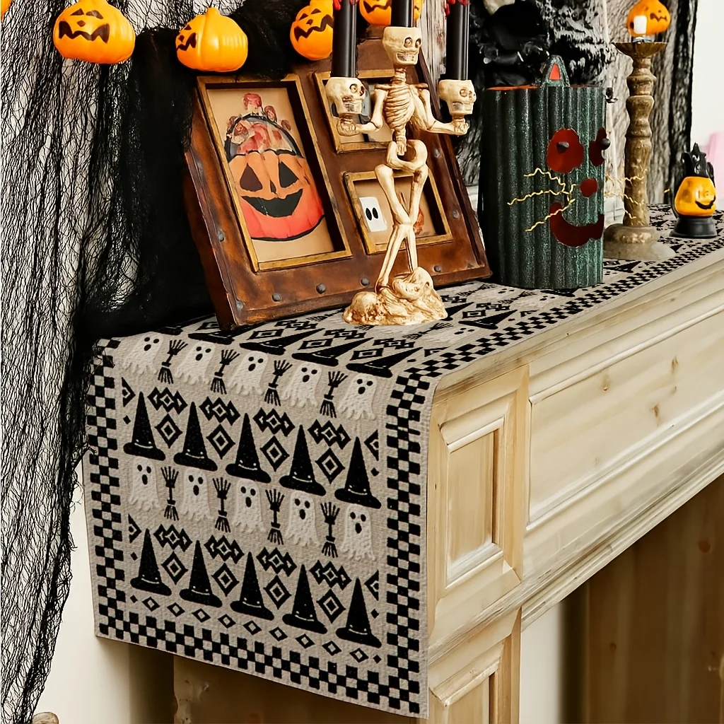 1pc Halloween Ghost Witch Hat Geometric Table Runner Spooky Season Home Dining Table Decor