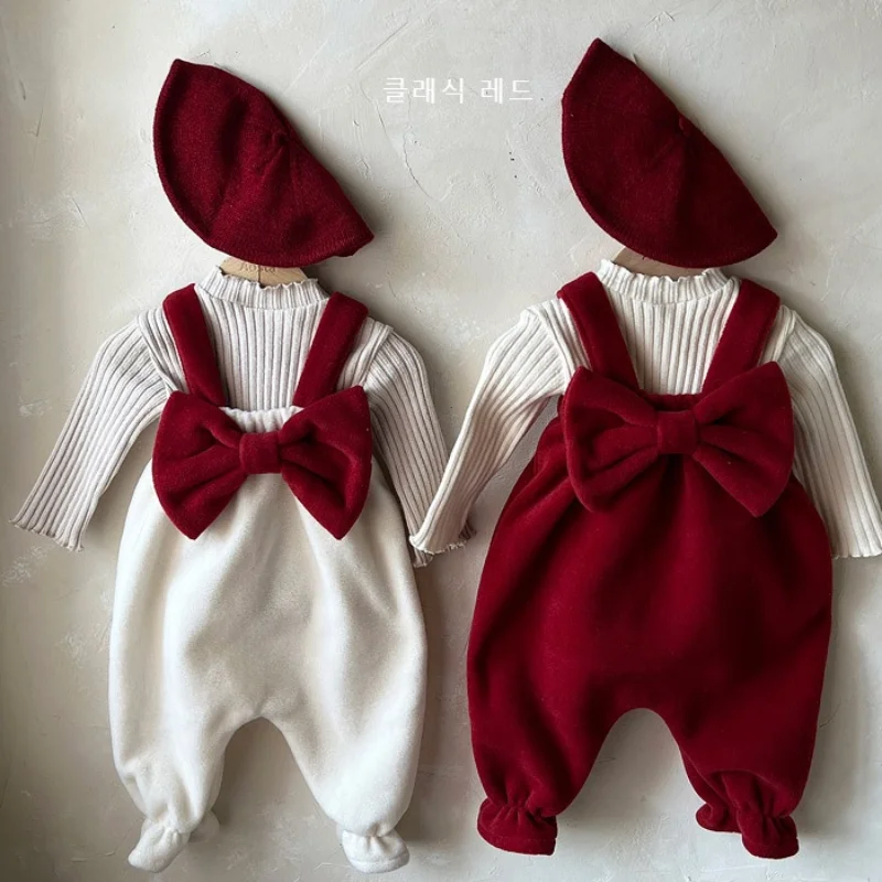 0-3 Years Old Winter Baby Jumpsuit Baby Girl Overalls Red Bow Tie Velvet Warm Baby Clothes