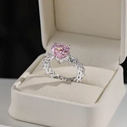 Real S925 Silver Ring Women Brilliant Ice Flower Pink Heart Ring Female Luxury Jewelry Shiny 8A Zircon Girl Gift Party Banquet