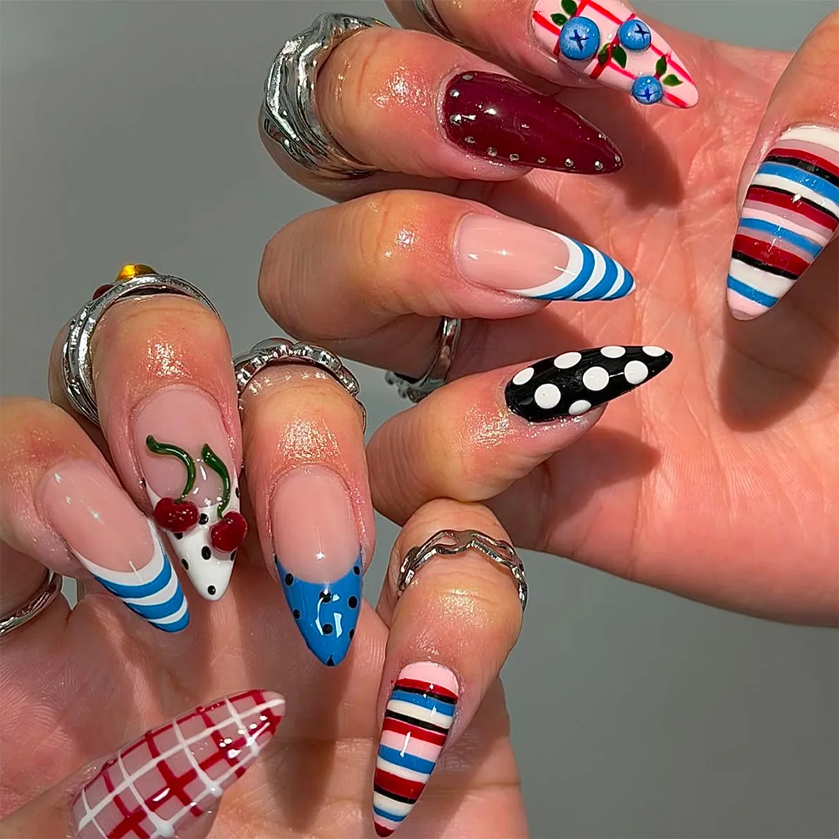 24Pcs Polka Dot Stripe French Almond Nails Press on 3D Cherry Blueberry Plaid Design False Nails Mid-length Reusable Finger Nail