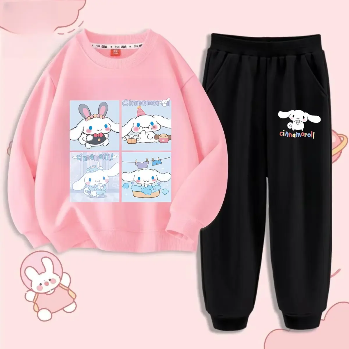 Sanrio Cinnamoroll felpa con cappuccio pantaloni ragazza cuore cartone animato carino Anime Kuromi sport due pezzi Set vestiti autunnali bambini