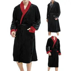 Unisex Bathrobe Cozy Men's Winter Nightgown with Plush Coral Fleece Long Sleeves Tie Waist Stylish Homewear Robe for Great Water