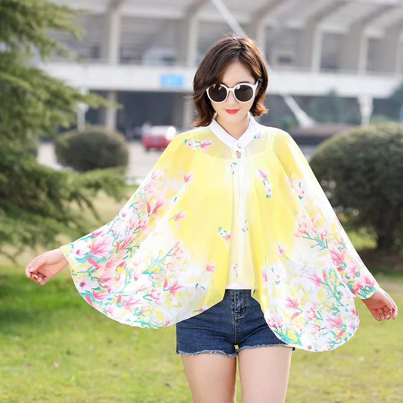 

2022 Summer Sunscreen Clothes Women Cycling Cloak Shawl Coat Chiffon Cloak Shawl Thin Style Lady Poncho Capes Yellow