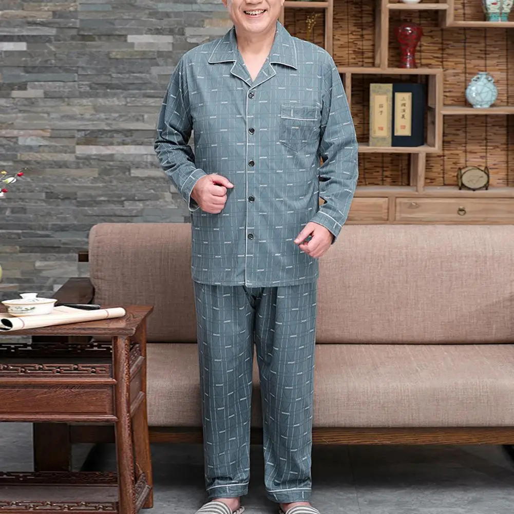 

Men Printed Pajamas Mid-aged Father's Spring Summer Pajamas Set with Loose Long Sleeve Shirt Wide Leg Pants for Comfortable