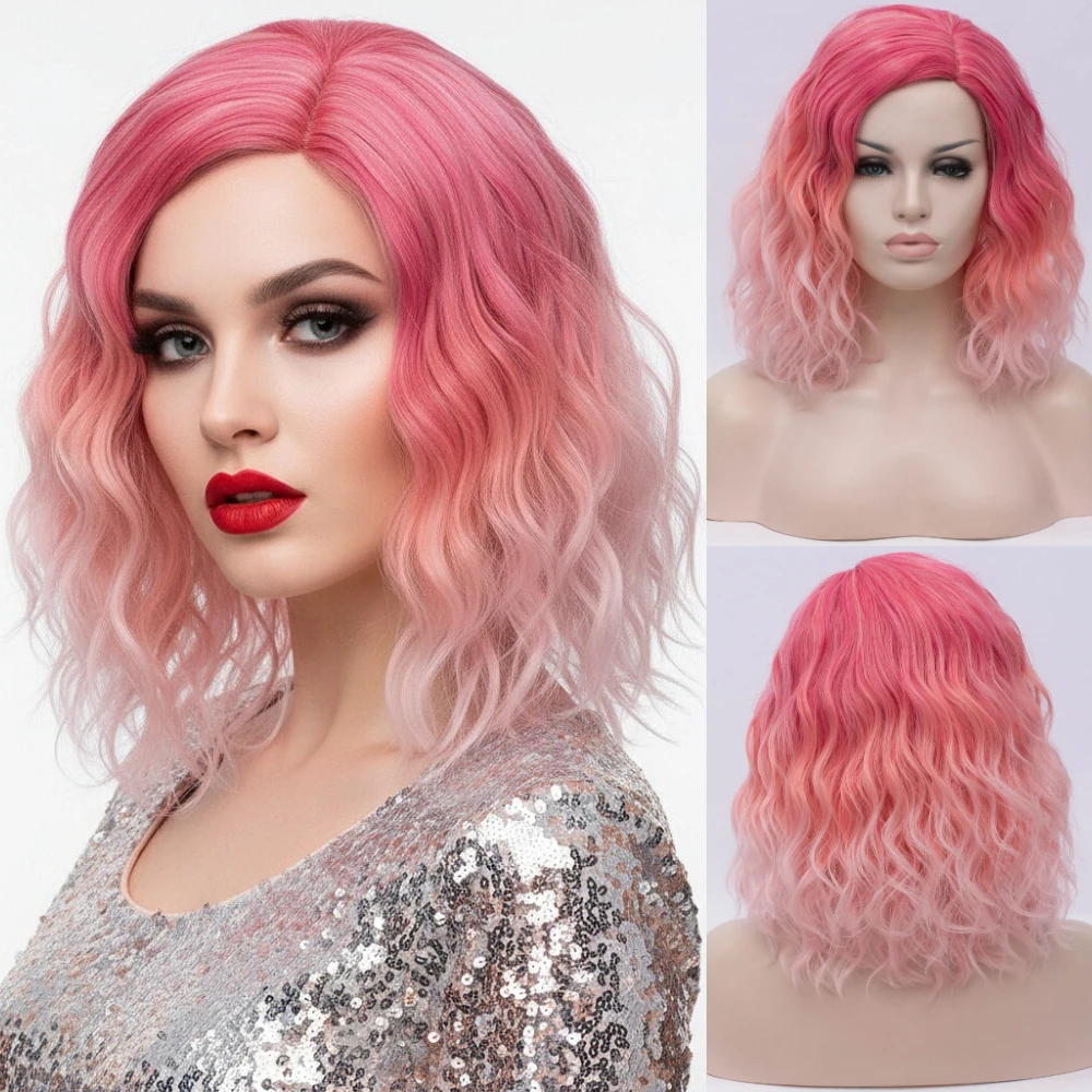 باروكات نسائية صناعية قصيرة مموجة مقاومة للحرارة باللون الوردي، خط الجزء الأوسط لجميع القديسين كاجوال جلام