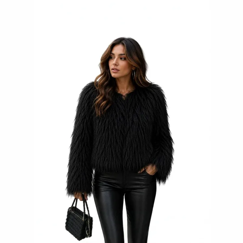 New Autumn Winter Collection Women Clothing Features Long-haired Fringed Faux Fur Round-neck Loose Short Jacket Multiple Colors