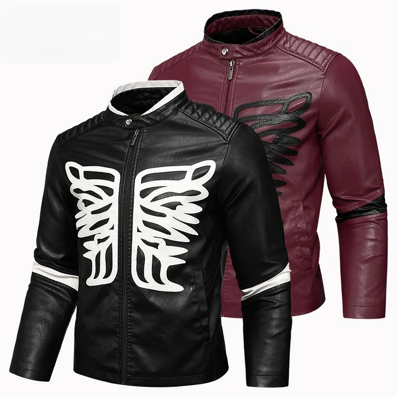 Men Faux PU Leather Biker Jacket Wing Embossed Decor Stand Collar Color Block Cuff Casual Motorcycle Outerwear 2 Colors