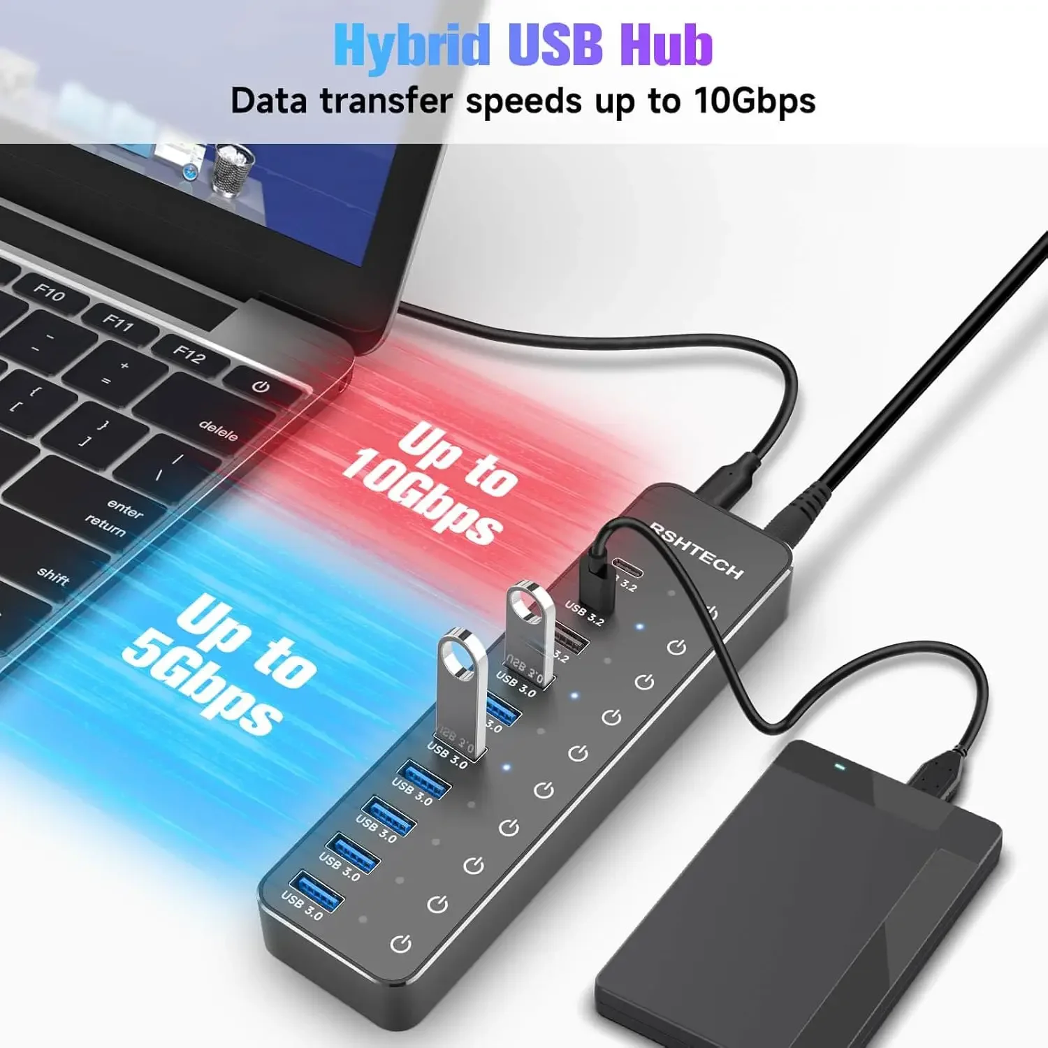 USB-концентратор RSHTECH, 10 портов, 60 Вт, 10 Гбит/с