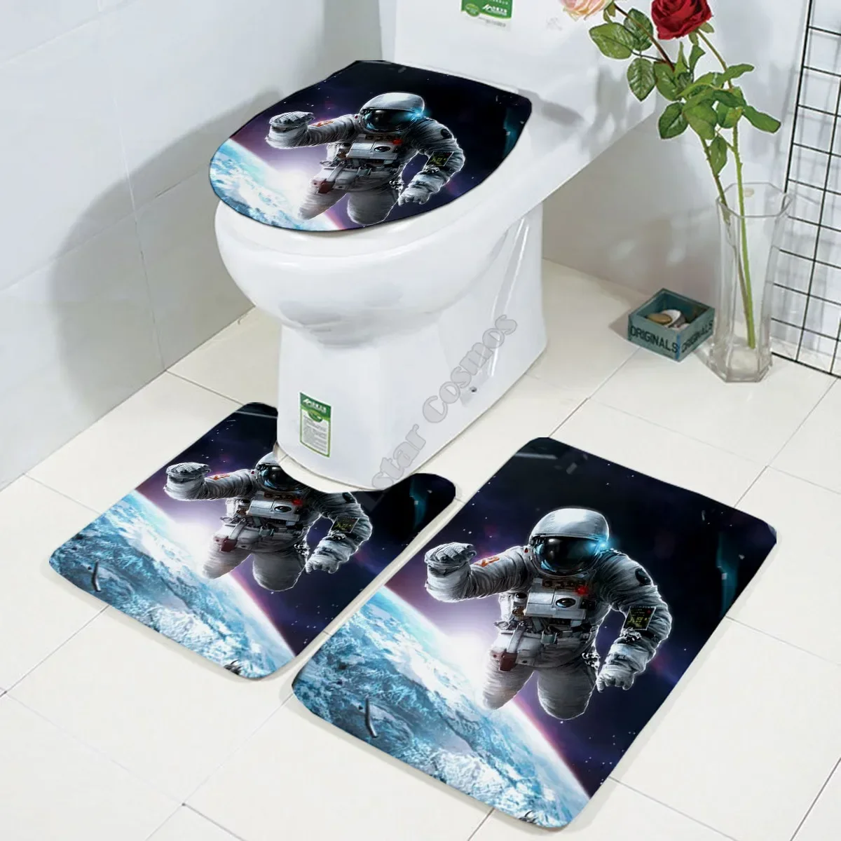 Galaxy astronaut Three-piece set 3D printed Bathroom Pedestal Rug Lid Toilet Cover Bath Mat Set drop shipping 02