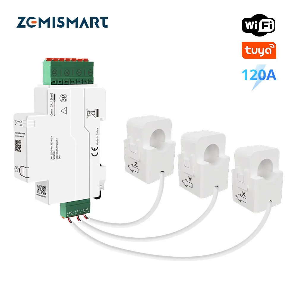 

Умный счетчик энергии на Din-рейку 120A с Wi-Fi, 3-фазный монитор мощности, Съемный разъем, Раздельный сердечник CTs Smart Life, управление через приложение