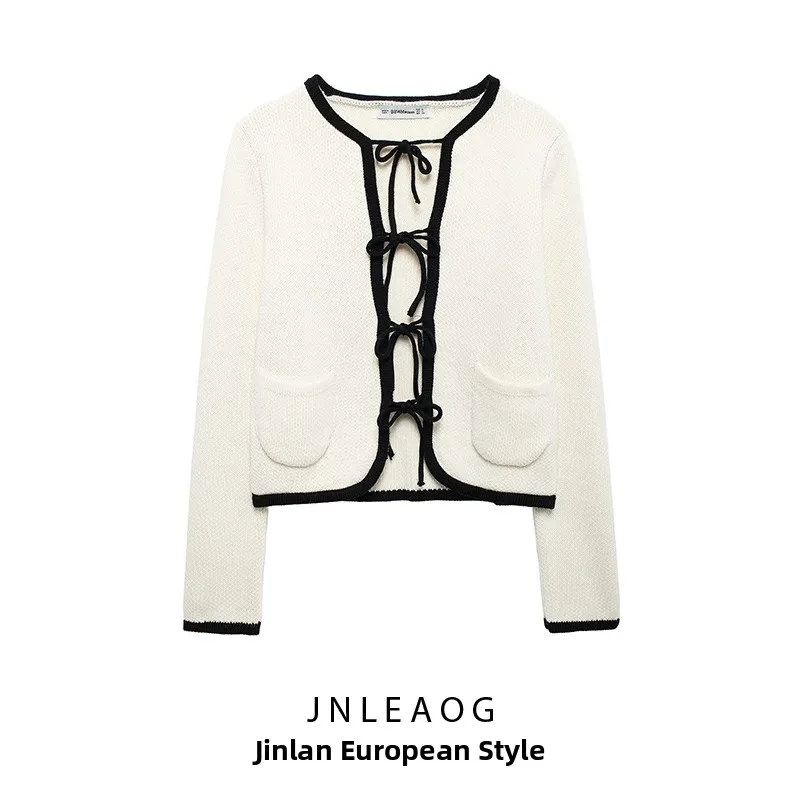 JNLEAOG Faionable Knitted Open Cardigan Women's Autumn New Sle Design Sense Silk Tie Decoration Loose Fit Long Sve o...