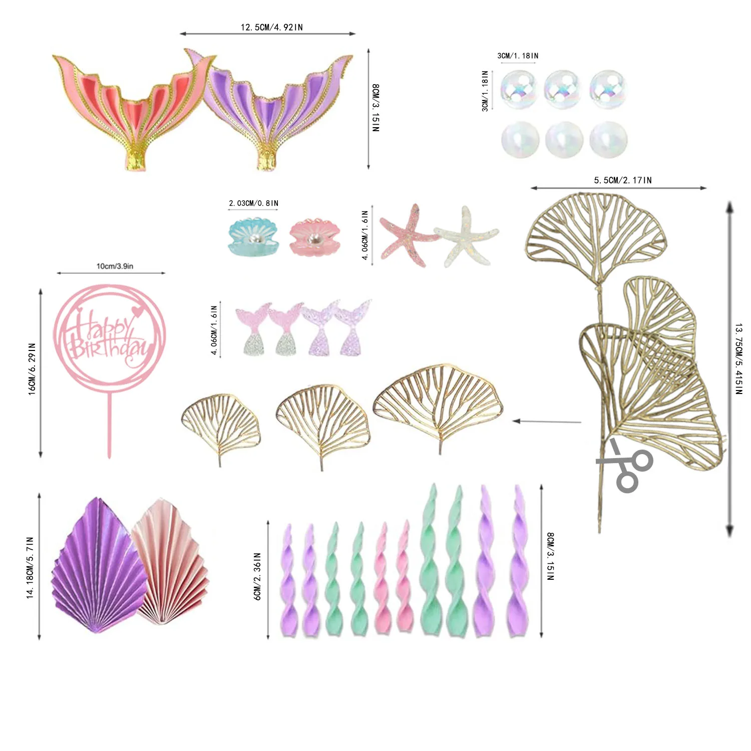 Mermaid Cake Topper Big Mermaid Tails Seaweed Bubbles Shells and Golden Ginkgo Leaves Cake Set for Mermaid Cake Decorations