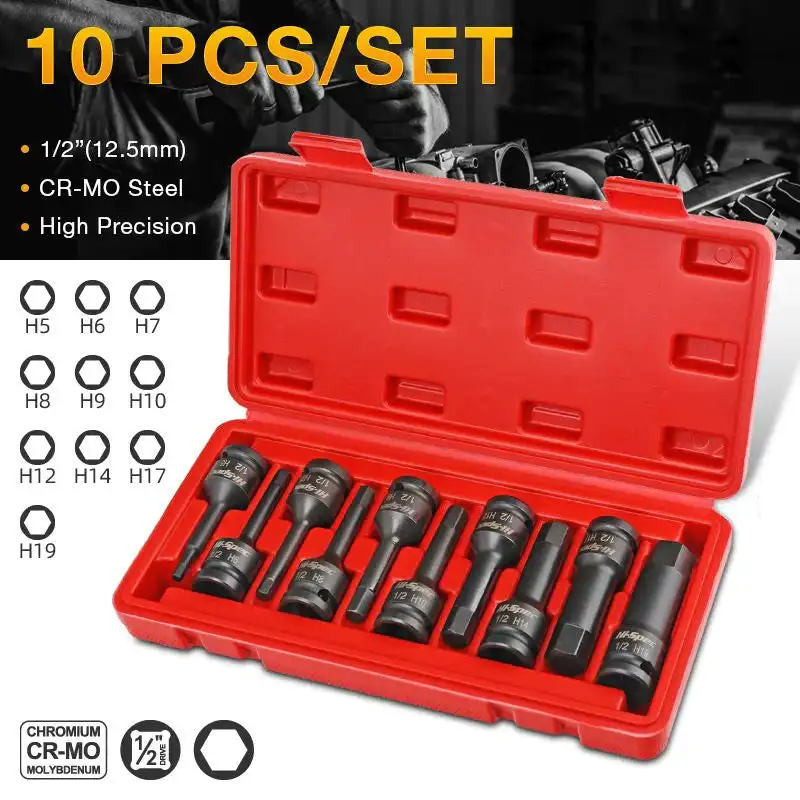 

1/2” Pneumatic Wrench Hexagonal Drive Bits Drill Bit Tools Set Cr-V Steel Hex Socket Driver Metric Power Nuts Driver 8/10pcs set