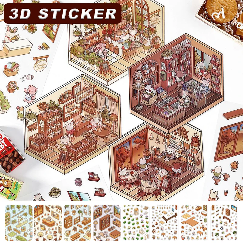 Cartoon Kitchen DIY 3D Sticker Pocket Cabin Scene Stacking And Pasting Festival Birthday Gift For Kid Child Student Gifts