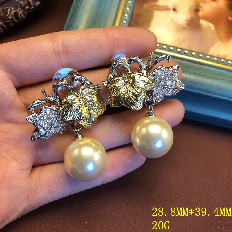 s925 silver needle  earrings  flower pearl stud earrings maple leaf shape versatile jewelry earrings temperament