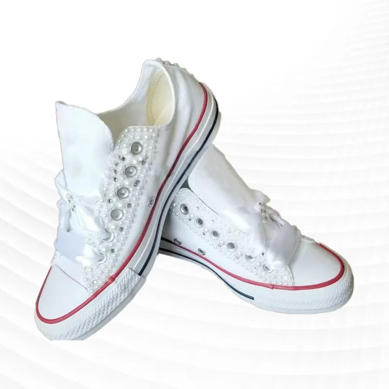 

White Low Top Ribbon Canvas Shoes Pearl Walking Comfortable Street Shooting Shoes Handmade Pearl Vulcanized Shoes 35-46