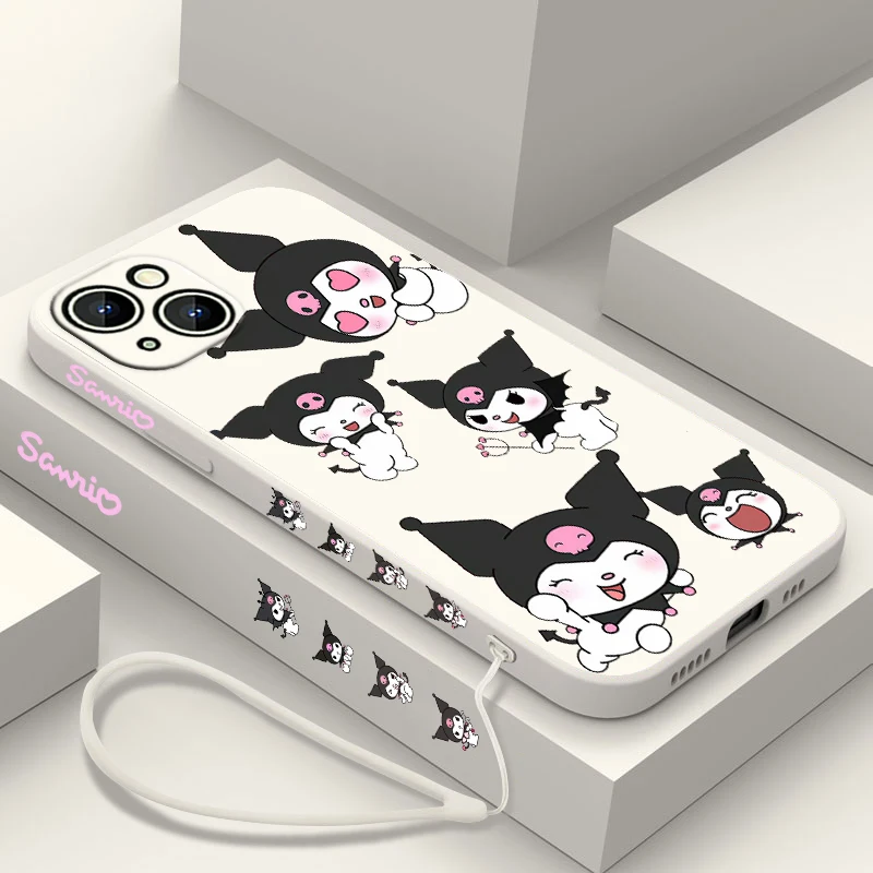 Kuromi Sanrio Little Devil Phone Case For Apple iPhone 15 14 13 12 11 Pro Max Plus 8 7 SE Liquid Left Rope Capa Cover