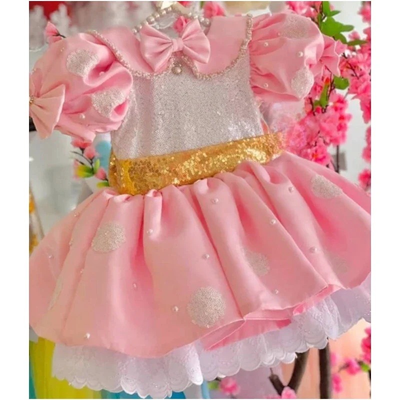 Customized Flower Girl Dresses Pink Pearl Lace White Sequin Top With Gold Bow Belt For Wedding Birthday First Communion Gowns