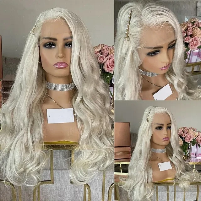 MXWIGS Body Wave Platinum Blonde  Synthetic Lace Front Wigs with Free Part Natural Hairline Long Wavy Wigs Daily Use Wigs