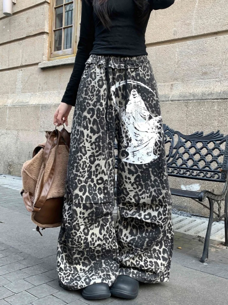 2026 Trend Y2K Style Leopard Printed Baggy Drawstring Women's Pleated Jeans Pants Female Sweatpants Wide Leg Loose Long Trousers