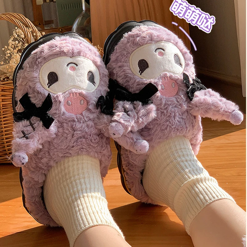 Sanrio Slippers Kuromi Plush Cotton Slippers Suitable Winter Home Slippers Women Thick Sole Keep Warm Cotton Shoe Christmas Gift