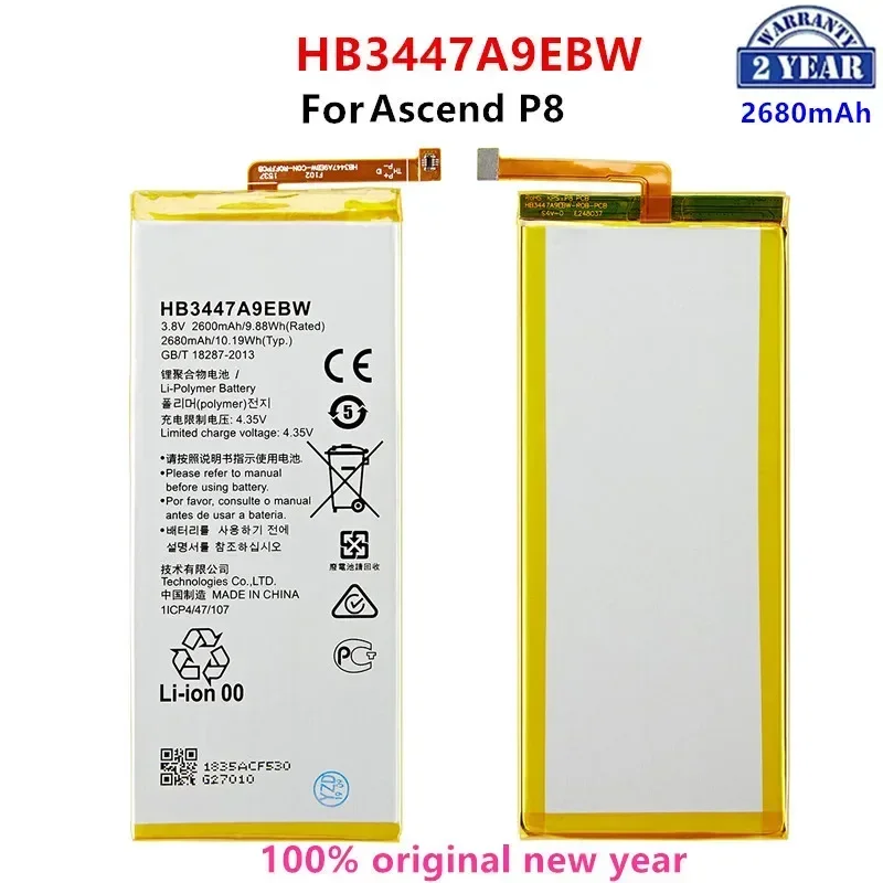 

100% Orginal HB3447A9EBW 2680mAh Battery For Huawei Ascend P8 GRA-L09/UL00/CL00/TL00/TL10/UL10 Replacement Batteries