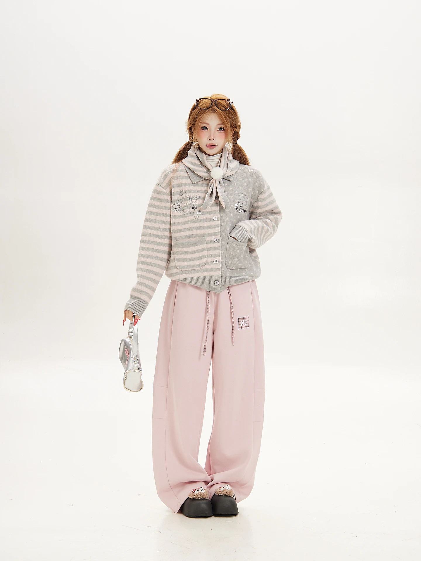 Korean Style Striped Hooded Scarf Jacket Women Spring Autumn Patchwork Sweet Cool Loose Knitted Sweater Long Sleeve  Collar