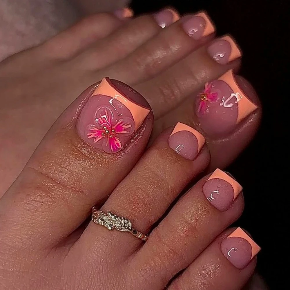 

Summer Fashion Press on Toenails, Orange French Style with 3D Flowers, Finished Reusable Toe Nails