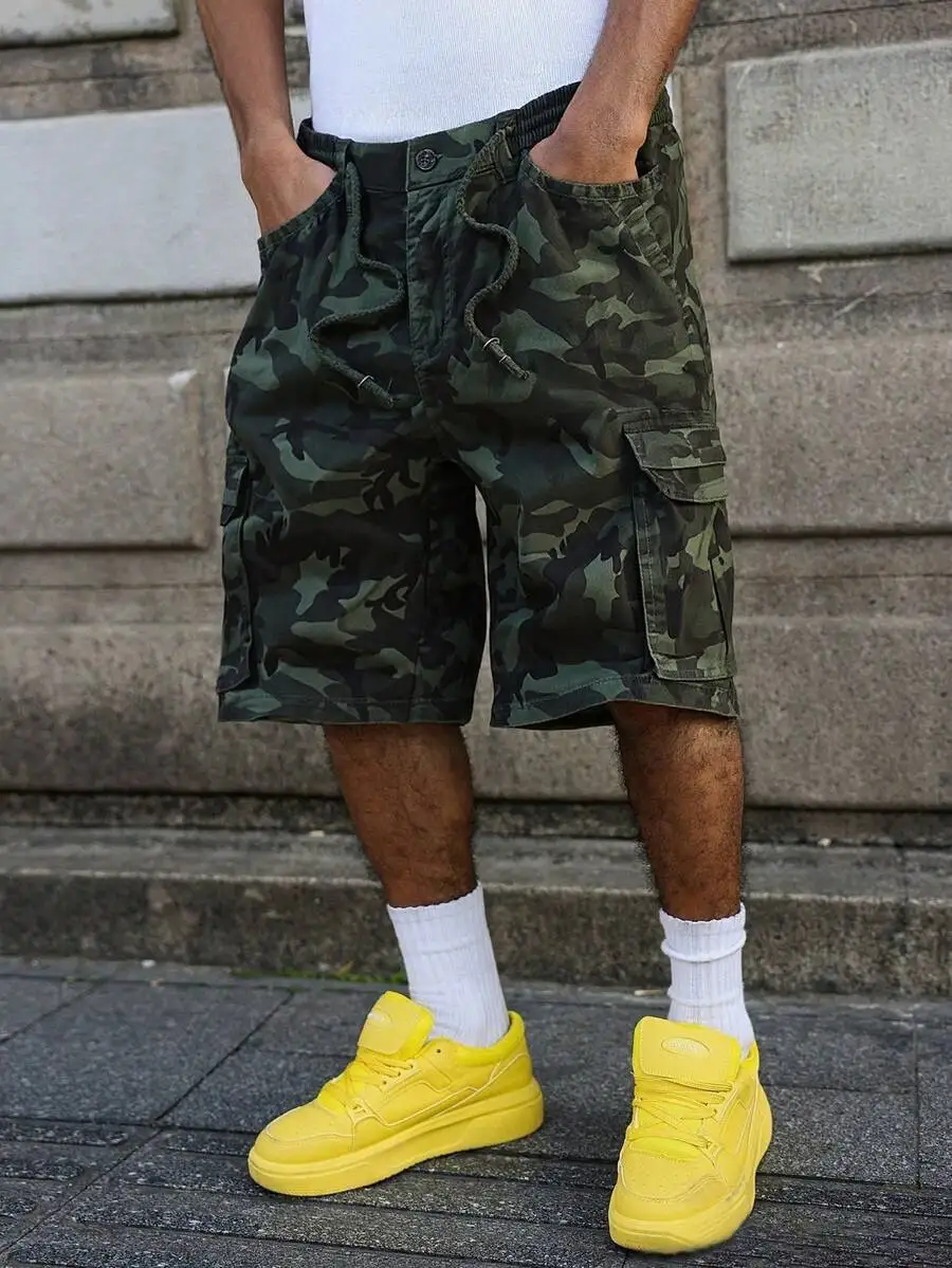 

Mens Camo Print Cargo Shorts With Drawstring Waist For Summer Street Style Casual Wear