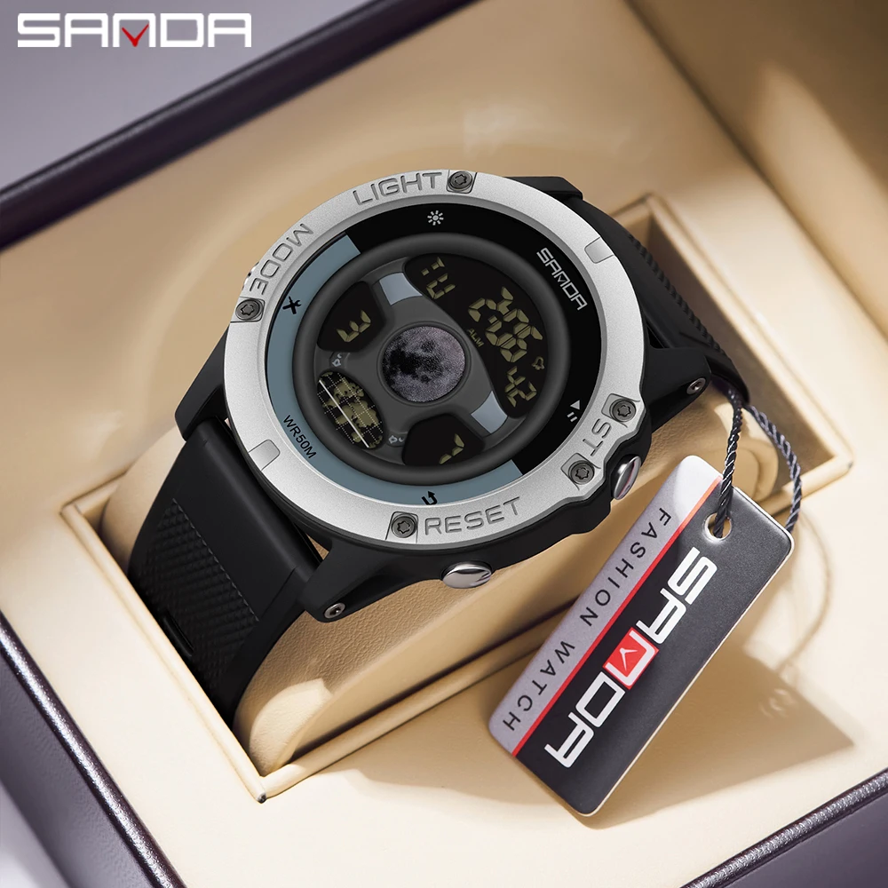 Sanda 9024 relógio masculino com design de volante, multifunções, esporte ao ar livre, despertador, 5bar, à prova d'água, digital