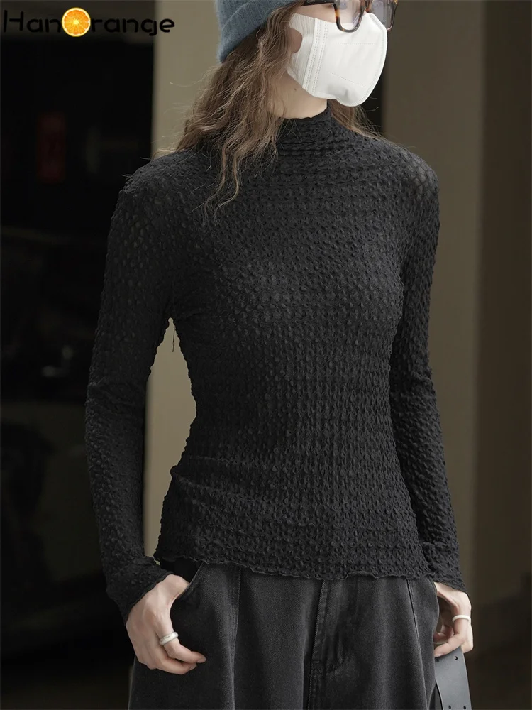 

HanOrange 2025 Winter Retro Simple TurtleNeck Texture Knitted Bottom Tees Women Comfortable Warm Top Black/Gray/Coffee/Beige