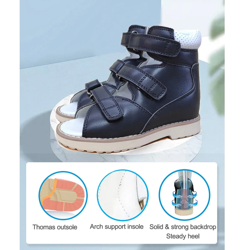 Sandales d\'été pour garçons, chaussures orthopédiques 4WD pour enfants, en cuir noir, chaussures ration t, plate-forme à pied plat, 2 à 8 ans