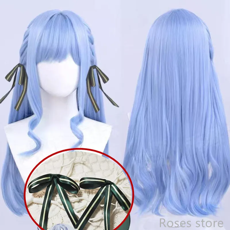 Peluca de cosplay de Togawa Sakiko para mujer, pelo largo y ondulado azul con cinta de seda verde, disfraces