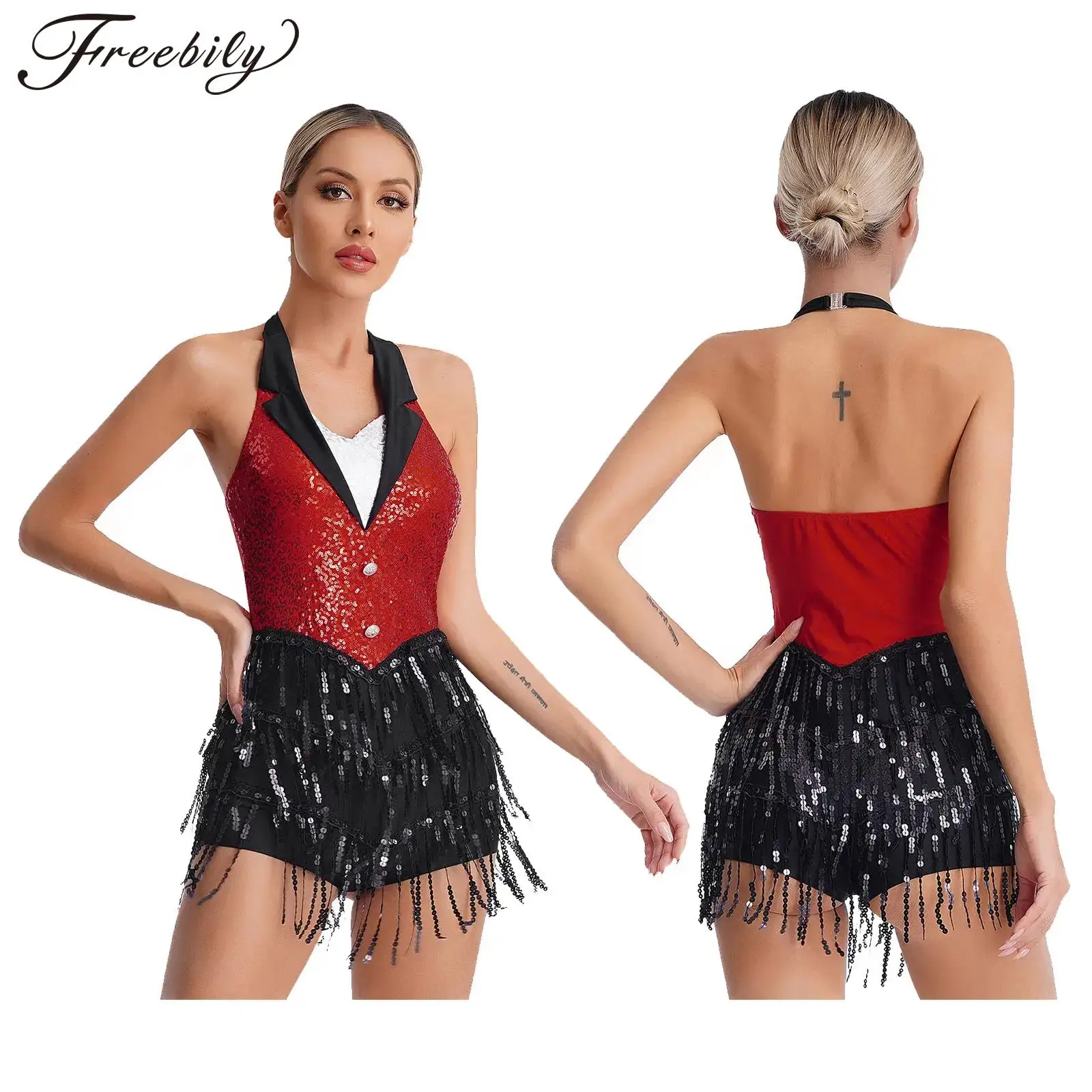 

Women Latin Jazz Dance Leotard Dress Cha-cha Tango Samba Rumba Performance Costume Sleeveless Halter Sequins Tassel Bodysuit