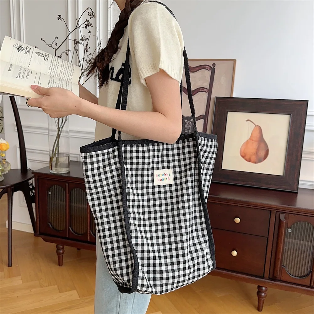 

Korean Style Retro Plaid Shoulder Bag Canvas Handbags for Women Large Capacity Shopping Tote Bags Female Student Book Bag