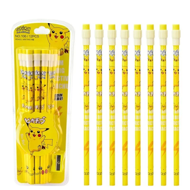 Pokémon Kawaii Stationery Set 12Pcs Boxed Cartoon Pencils With EraserPencil SharpenerAnime SchoolSupplies Birthday Gift For Kids