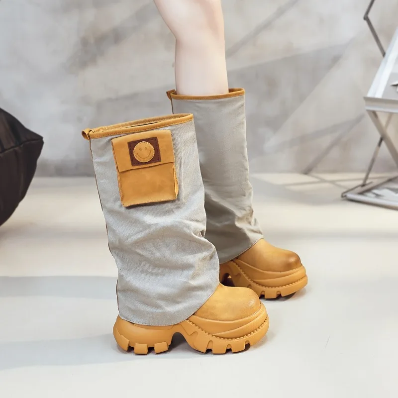 Fashion Trendy Color Match Round Toe Casual Women's Mid Calf Boots 2026 New Fold Cuff Pocket Design Thick Soled Women Boots