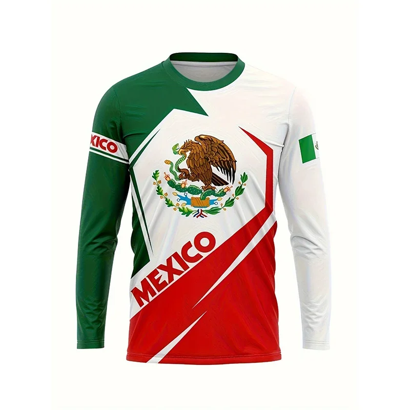 Mens Mexico T Shirt Mexican Flag National Emblem Patriotic Long Sleeve Casual Summer Athletic Fans Tee Quick Dry Breathable Top