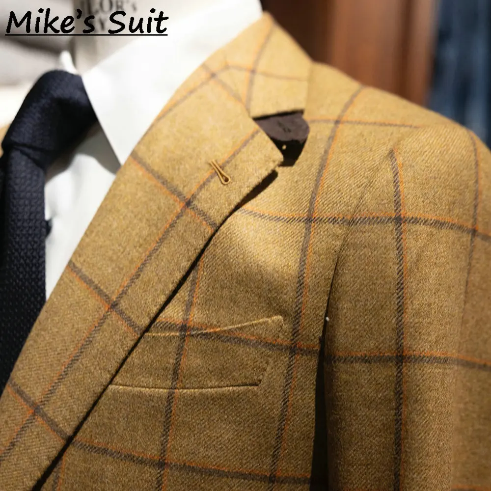 Men Mustard Yellow Windowpane Check Tweed Wool Suit Single Breasted Vintage British Formal Party Wedding Suit