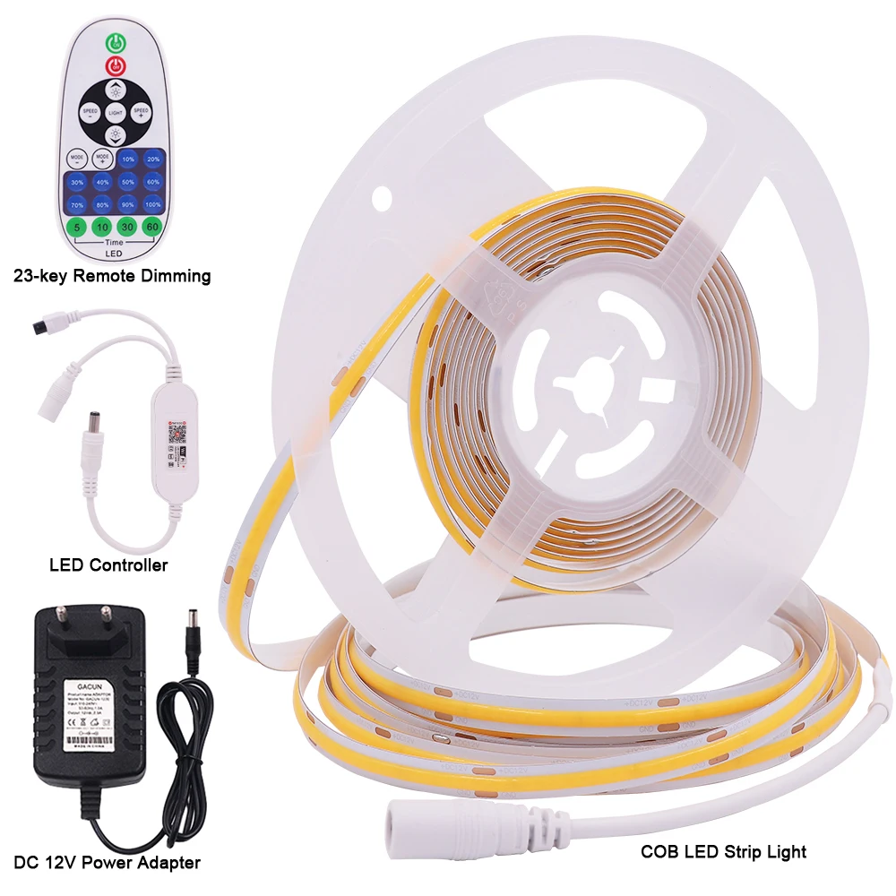 12V Wifi LED COB Strip Light Dimmable Power Kit US EU UK Remote Control 320LED 528LED 384LED Linear Lighting Flexible Led Tape